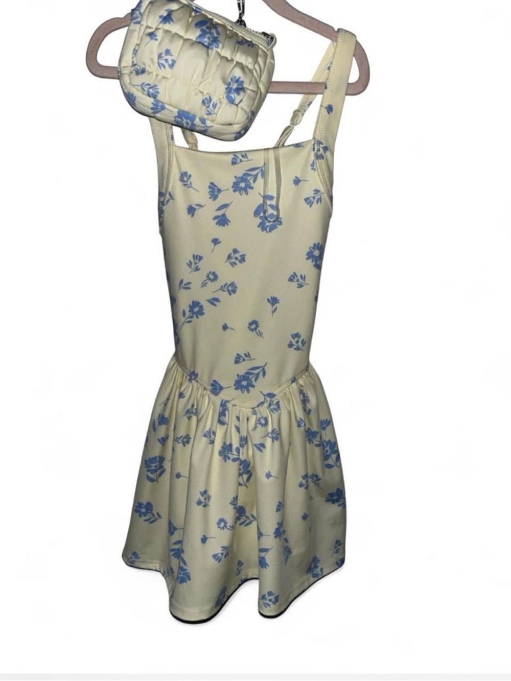 btween yellow active Romper  with Blue Floral Print and Matching Quilted Bag